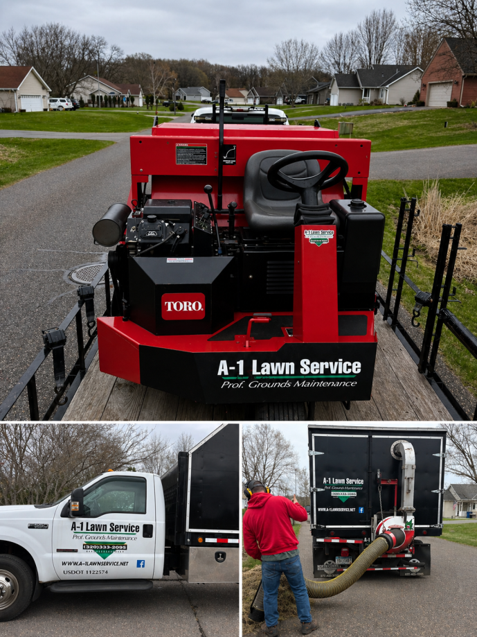 A-1 Lawn Service by Justin Voss Toro mower, dump truck, and leaf vac truck